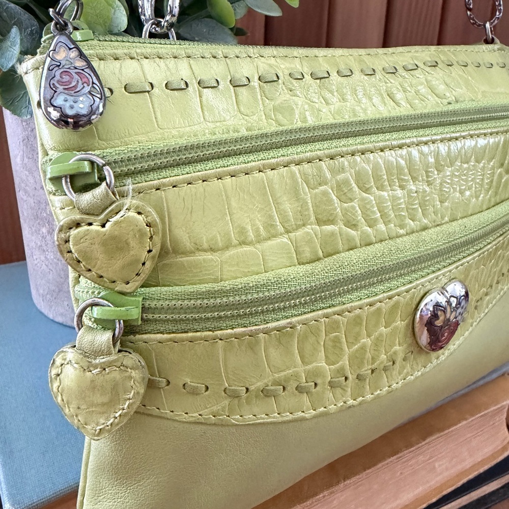 Brighton Lime Green Leather Crossbody Bag Multi Zip Purse w Floral Heart Detail - Picture 3 of 9